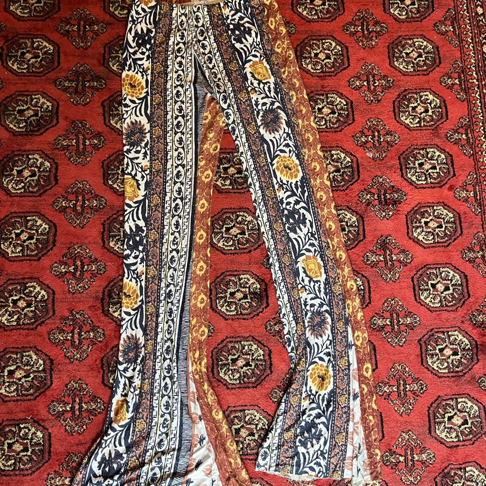 Novella Royale Mustard, Navy & White Floral Stripe Boot-Cut Pants
